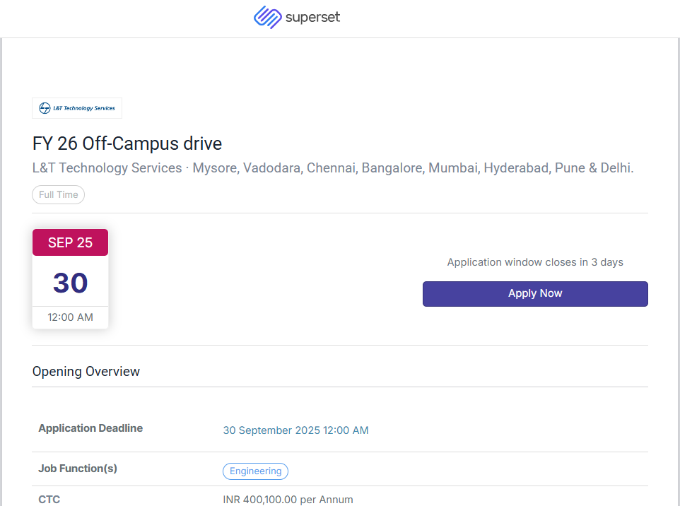 L&T Technology Services Off-Campus Drive 2025